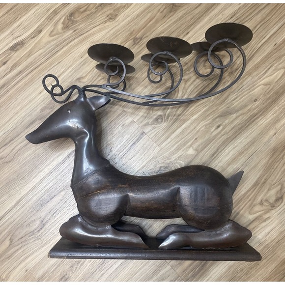 Reindeer Candle Holder Candleabra Folk Art Carved Wood Metal Antlers Rustic 23